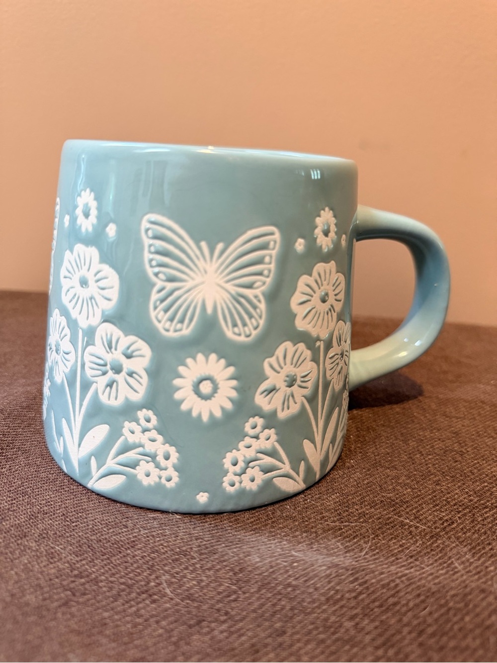 Gallery Teal Blue Ceramic Mug with White Butterfly & Floral Relief - Picture 2 of 4